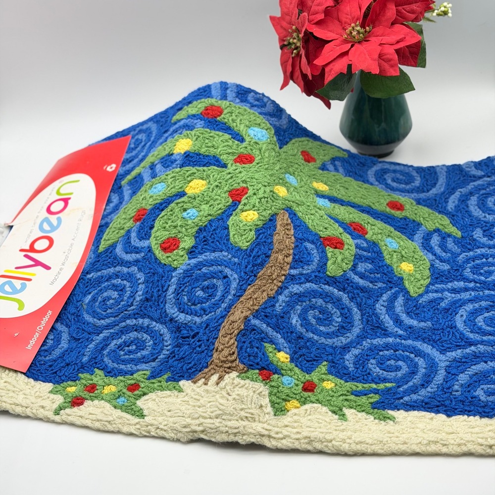 Jellybean Palm Tree Christmas Indoor Outdoor Accent Rug Blue Green 20x30